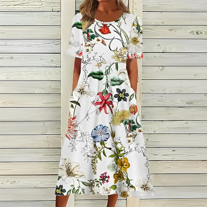 Kendra | Women Floral Midi Dress Round Neckline Short Sleeves Pockets