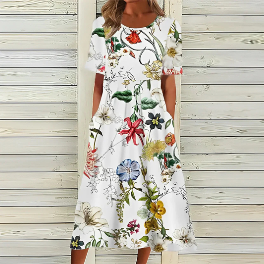 Kendra | Women Floral Midi Dress Round Neckline Short Sleeves Pockets