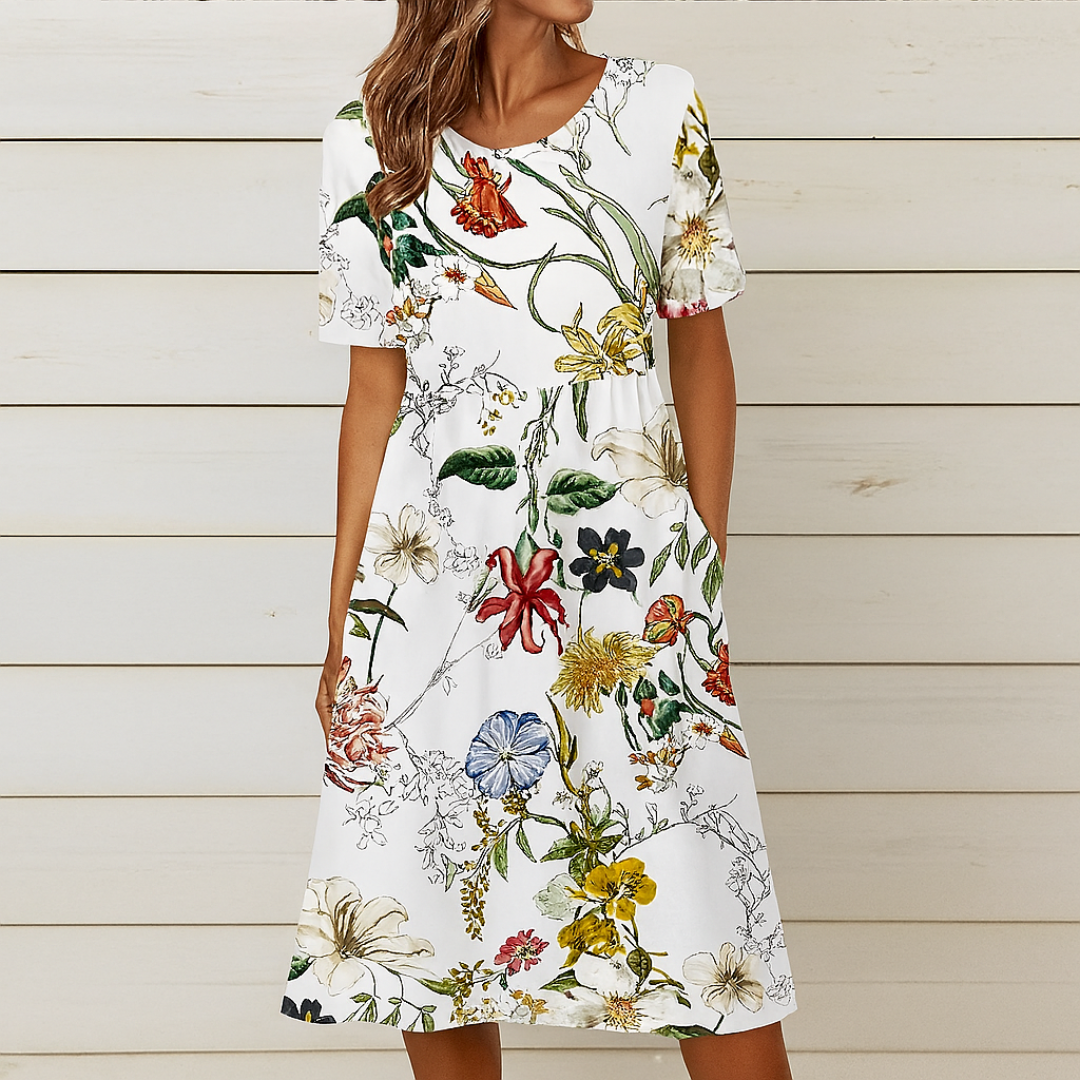 Kendra | Women Floral Midi Dress Round Neckline Short Sleeves Pockets
