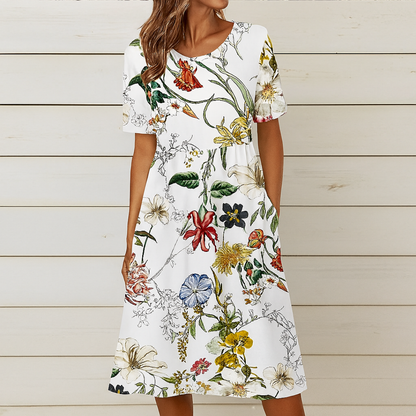 Kendra | Women Floral Midi Dress Round Neckline Short Sleeves Pockets