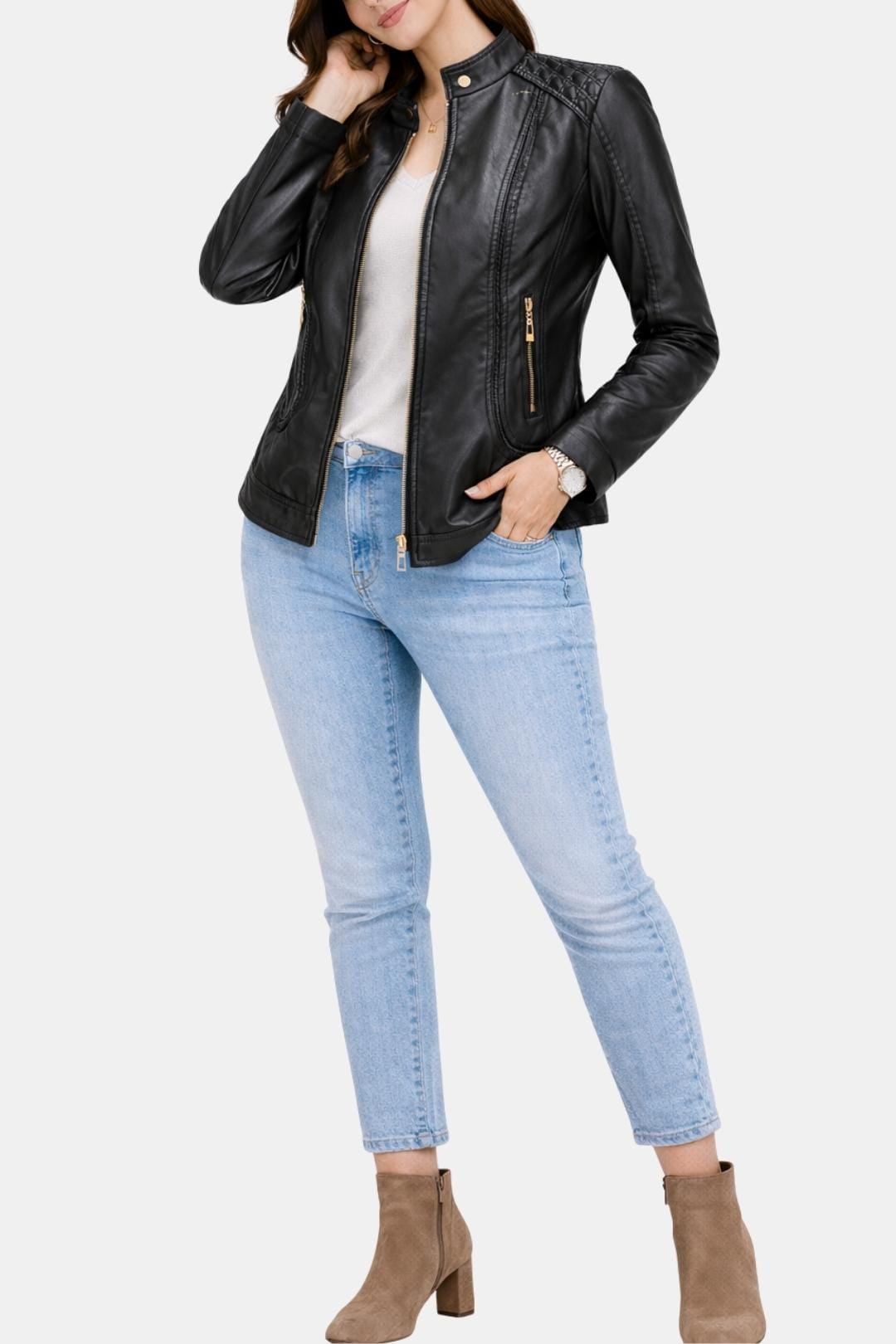 Kenna – Structured Stand-Collar Leather Jacket for Women