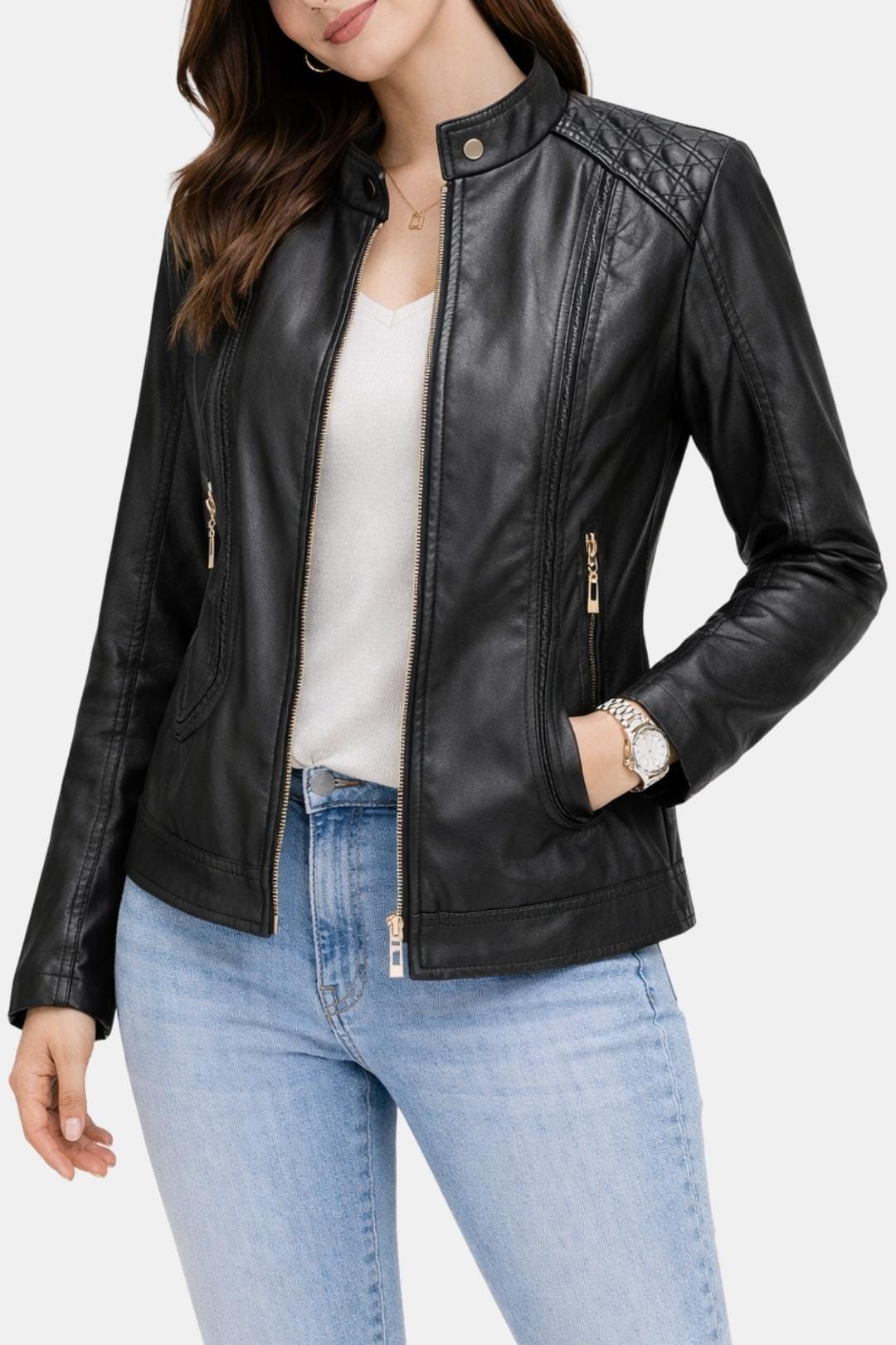 Kenna – Structured Stand-Collar Leather Jacket for Women