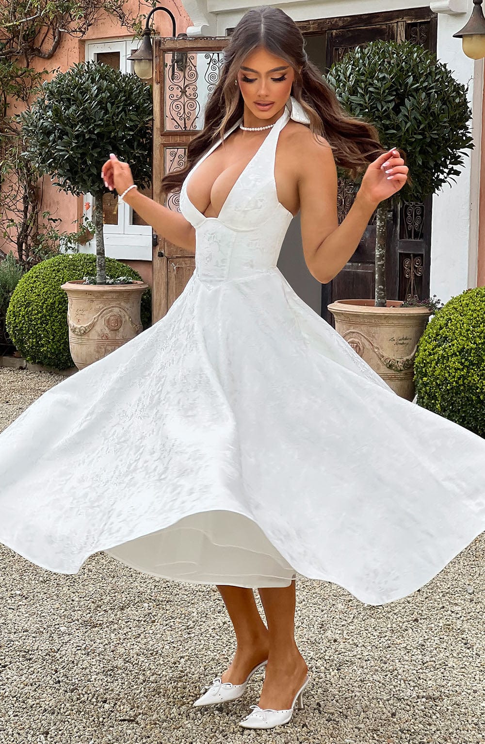 Women’s Wedding Guest Elegant Flared Halter Neck Midi Dress