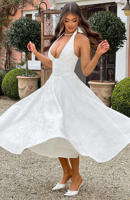 Women’s Wedding Guest Elegant Flared Halter Neck Midi Dress