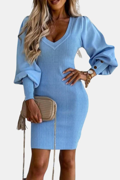 Cornelia - Puff Sleeve V Neck Knit Slim Fit Bodycon Dress