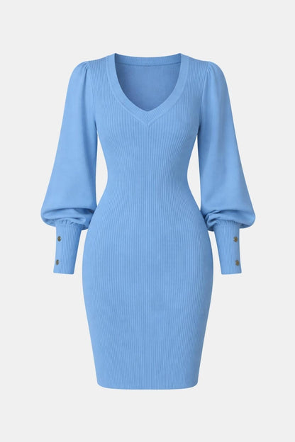 Cornelia - Puff Sleeve V Neck Knit Slim Fit Bodycon Dress