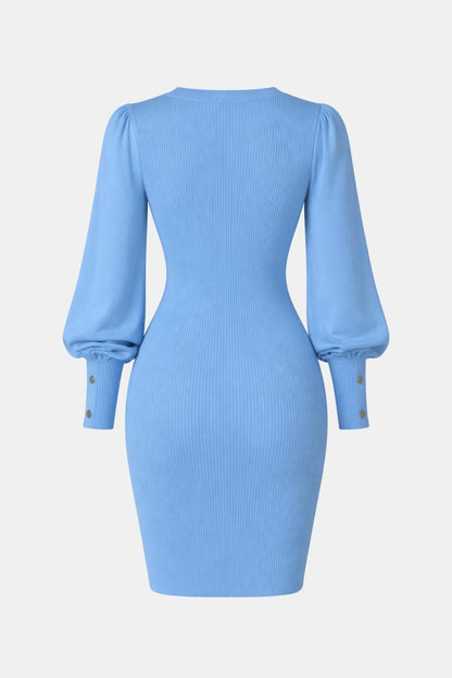 Cornelia - Puff Sleeve V Neck Knit Slim Fit Bodycon Dress