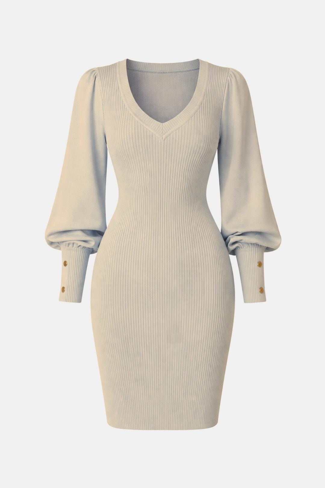 Cornelia - Puff Sleeve V Neck Knit Slim Fit Bodycon Dress