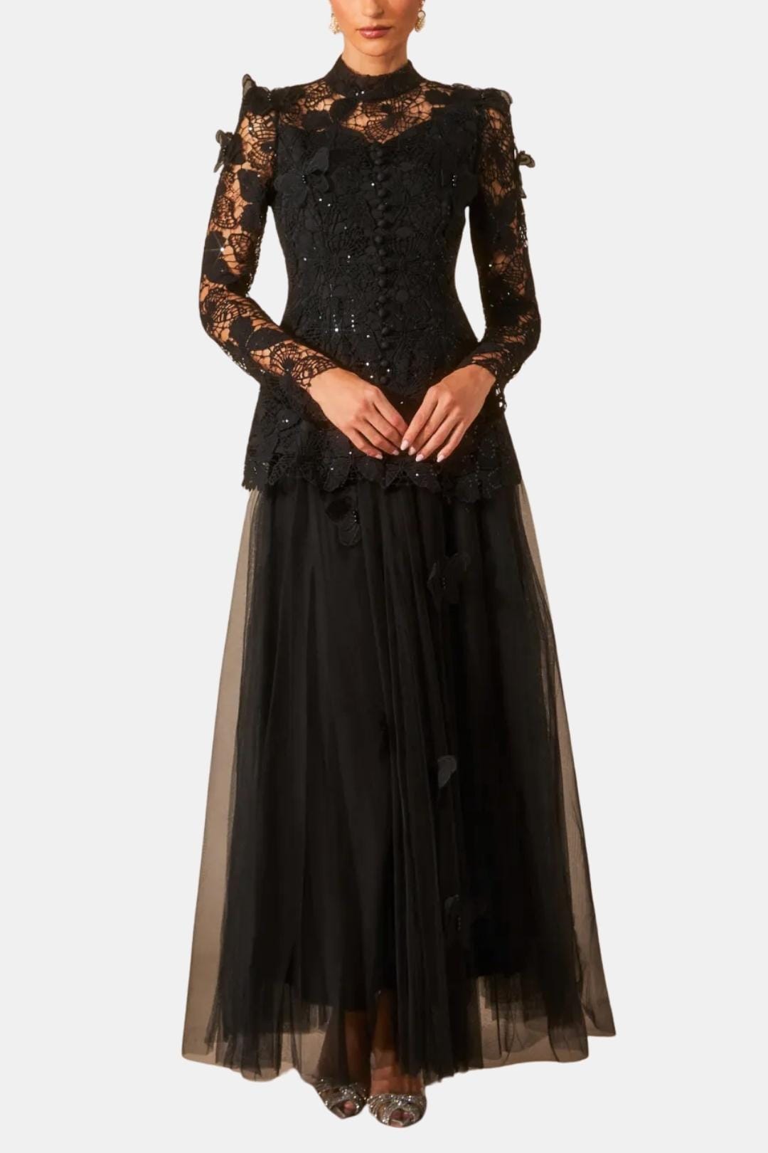 Kylee – Butterfly-Embroidered Lace Maxi Dress with Sheer Sleeves