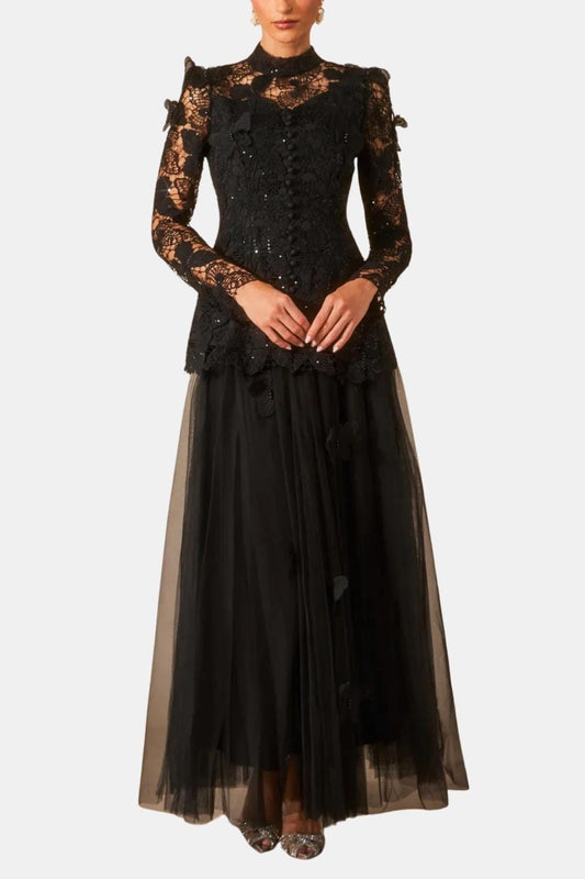 Kylee – Butterfly-Embroidered Lace Maxi Dress with Sheer Sleeves