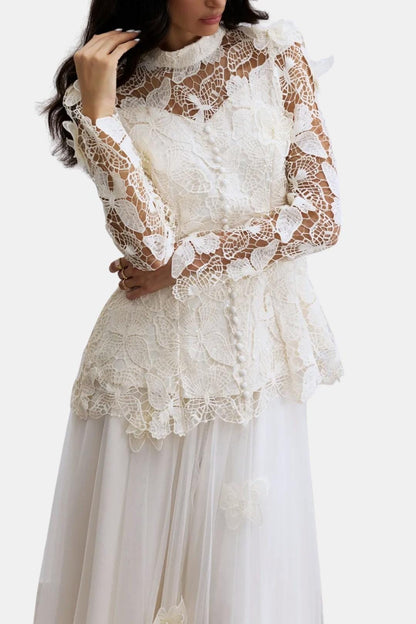 Kylee – Butterfly-Embroidered Lace Maxi Dress with Sheer Sleeves