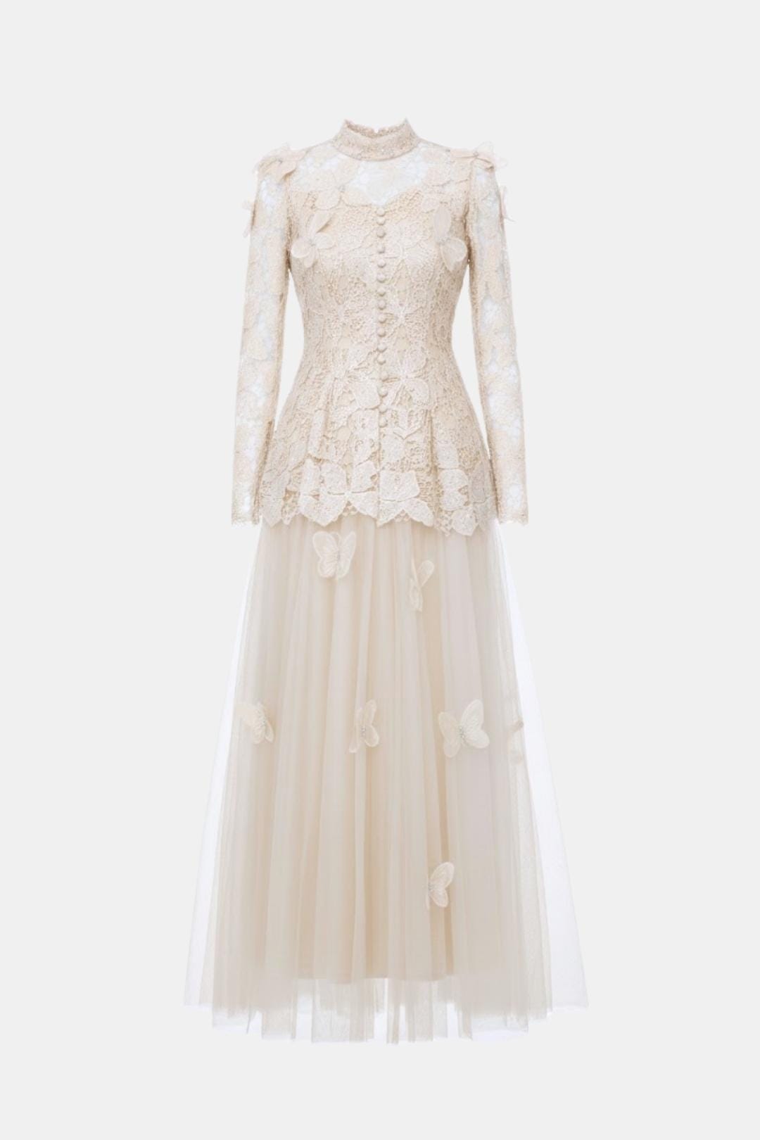 Kylee – Butterfly-Embroidered Lace Maxi Dress with Sheer Sleeves