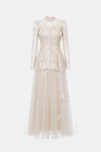 Kylee – Butterfly-Embroidered Lace Maxi Dress with Sheer Sleeves