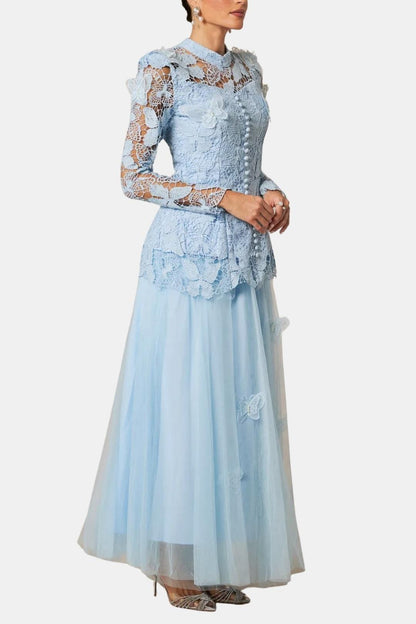 Kylee – Butterfly-Embroidered Lace Maxi Dress with Sheer Sleeves