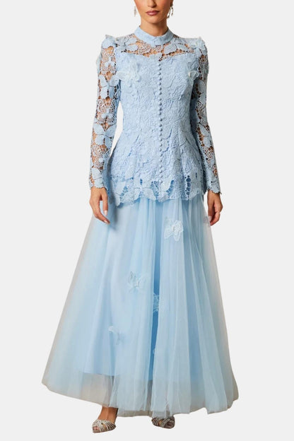 Kylee – Butterfly-Embroidered Lace Maxi Dress with Sheer Sleeves