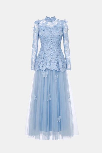 Kylee – Butterfly-Embroidered Lace Maxi Dress with Sheer Sleeves