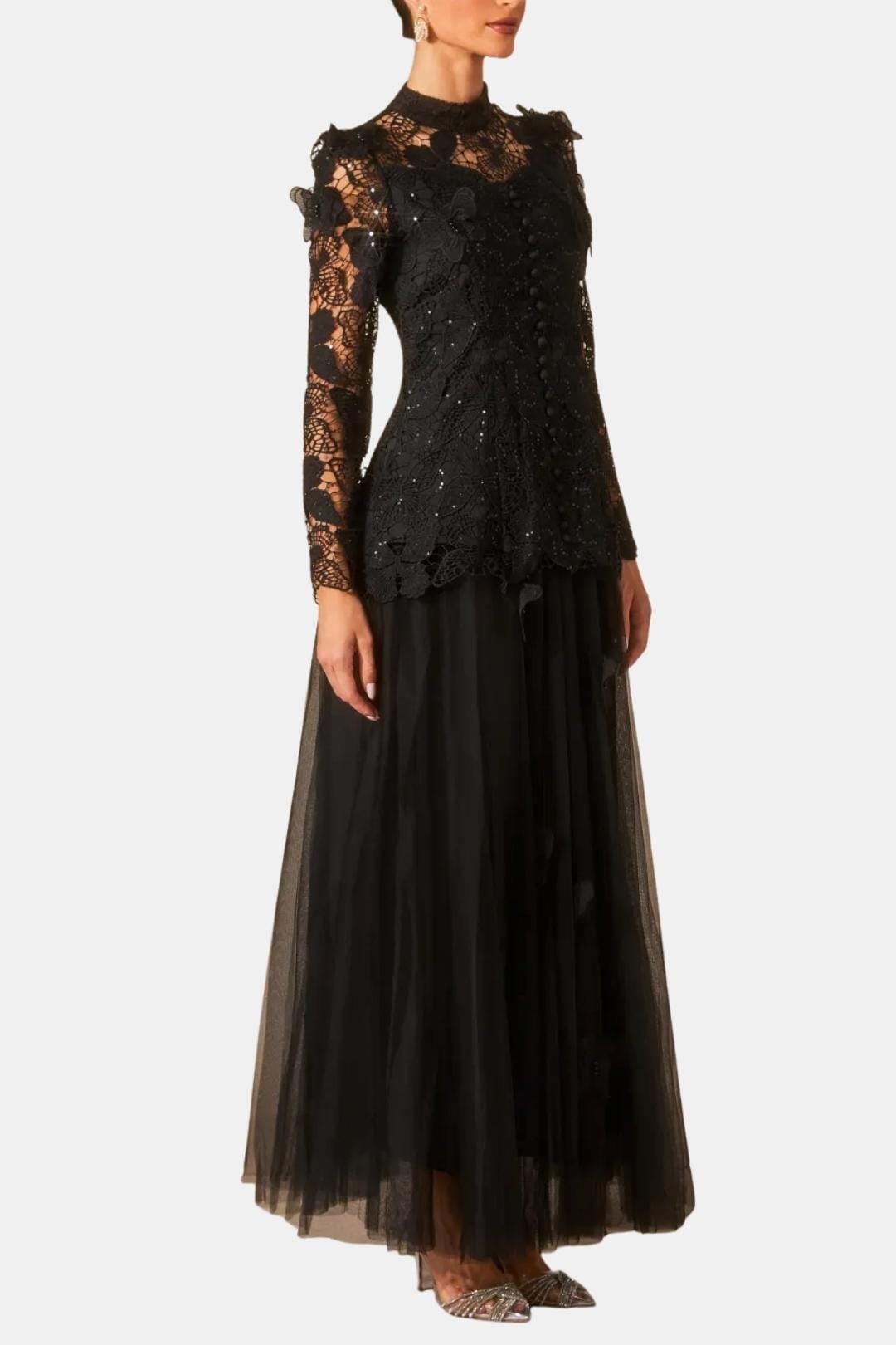 Kylee – Butterfly-Embroidered Lace Maxi Dress with Sheer Sleeves
