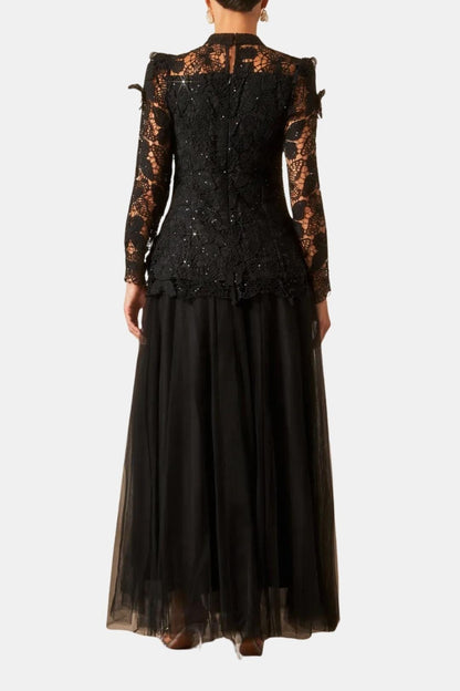 Kylee – Butterfly-Embroidered Lace Maxi Dress with Sheer Sleeves