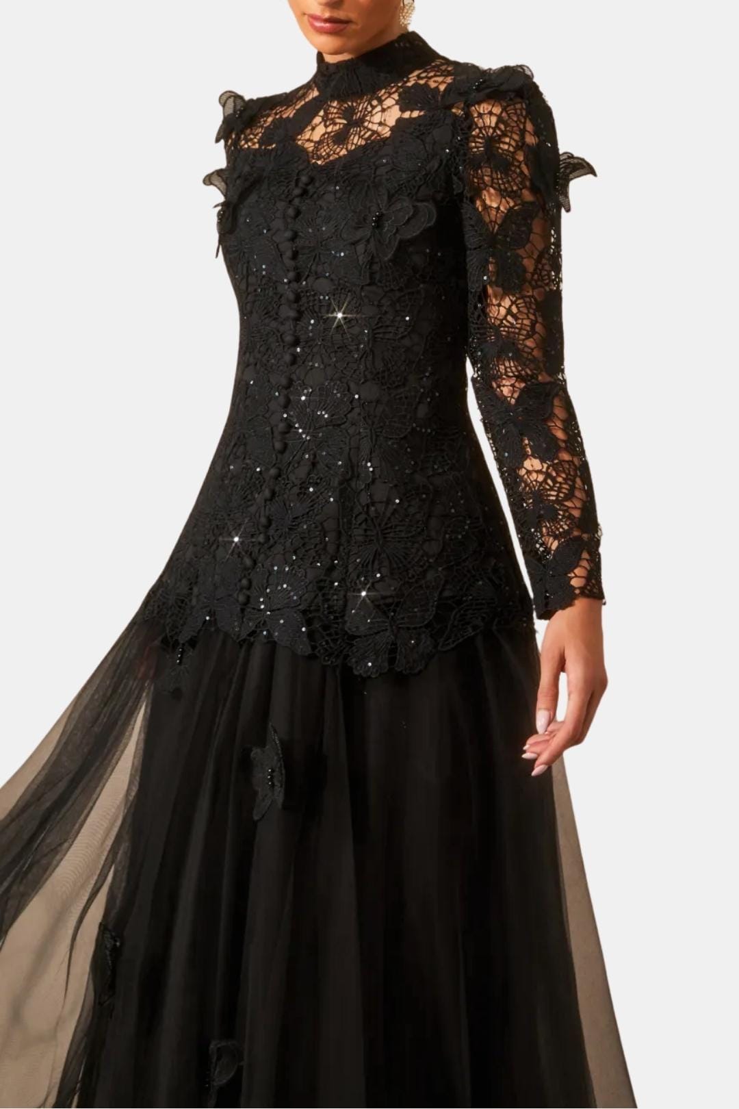 Kylee – Butterfly-Embroidered Lace Maxi Dress with Sheer Sleeves