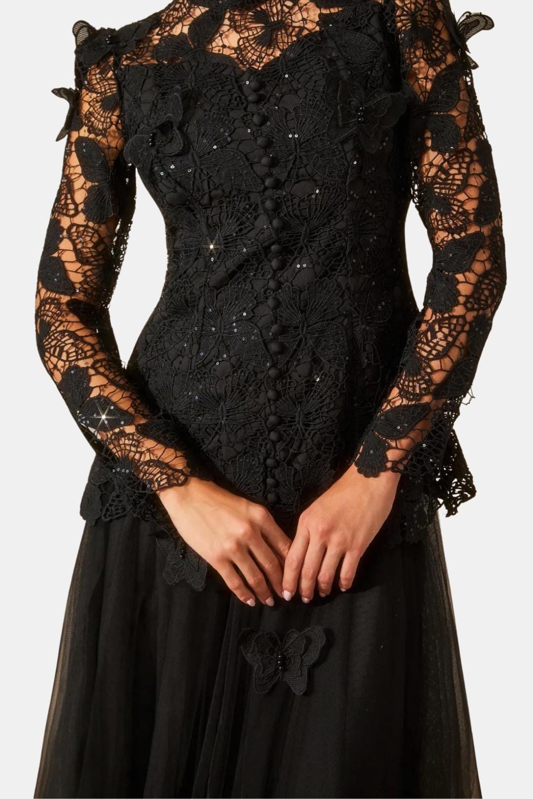 Kylee – Butterfly-Embroidered Lace Maxi Dress with Sheer Sleeves