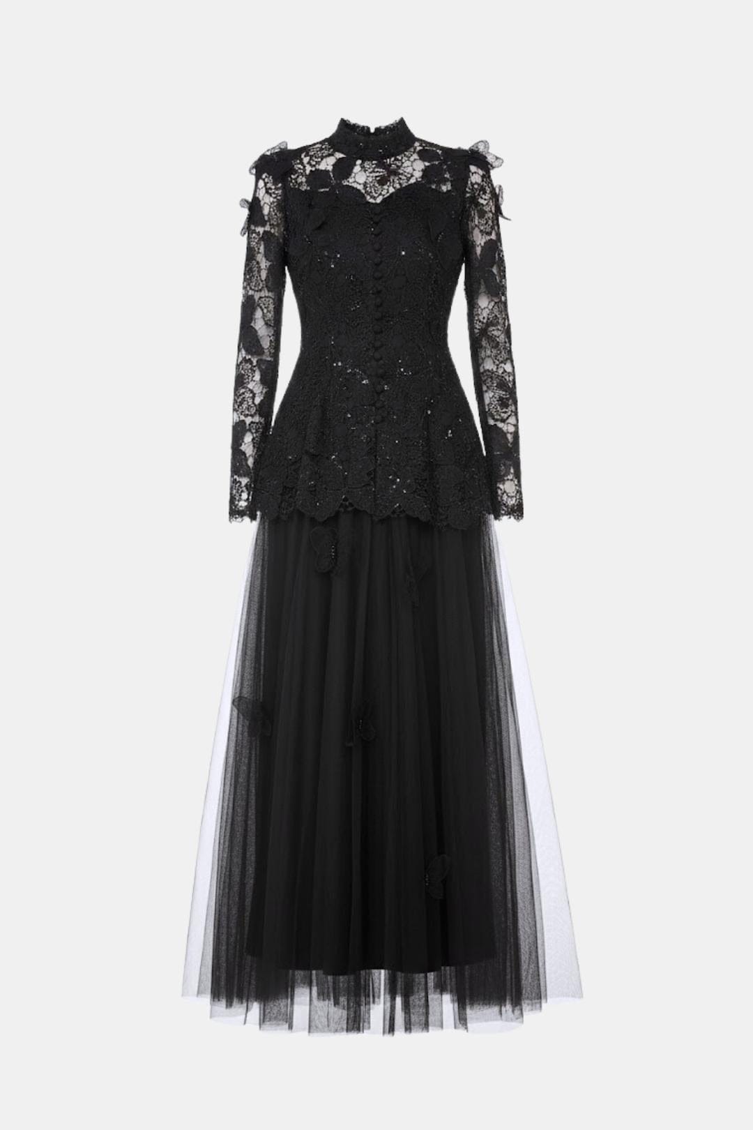 Kylee – Butterfly-Embroidered Lace Maxi Dress with Sheer Sleeves