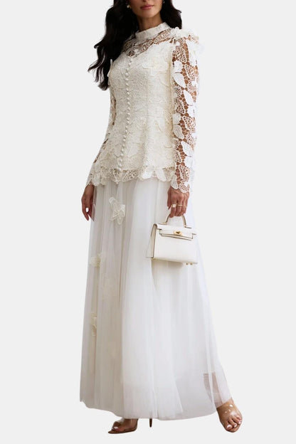 Kylee – Butterfly-Embroidered Lace Maxi Dress with Sheer Sleeves