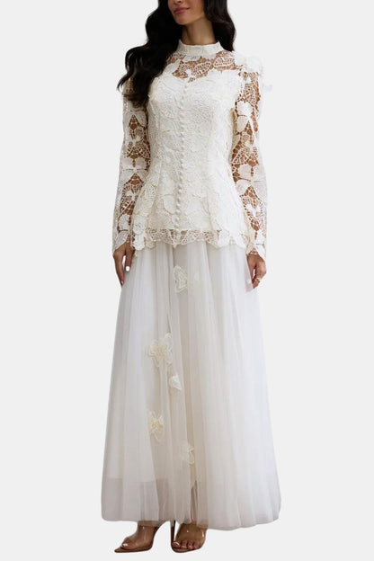 Kylee – Butterfly-Embroidered Lace Maxi Dress with Sheer Sleeves