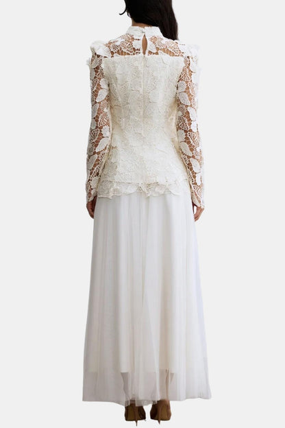 Kylee – Butterfly-Embroidered Lace Maxi Dress with Sheer Sleeves