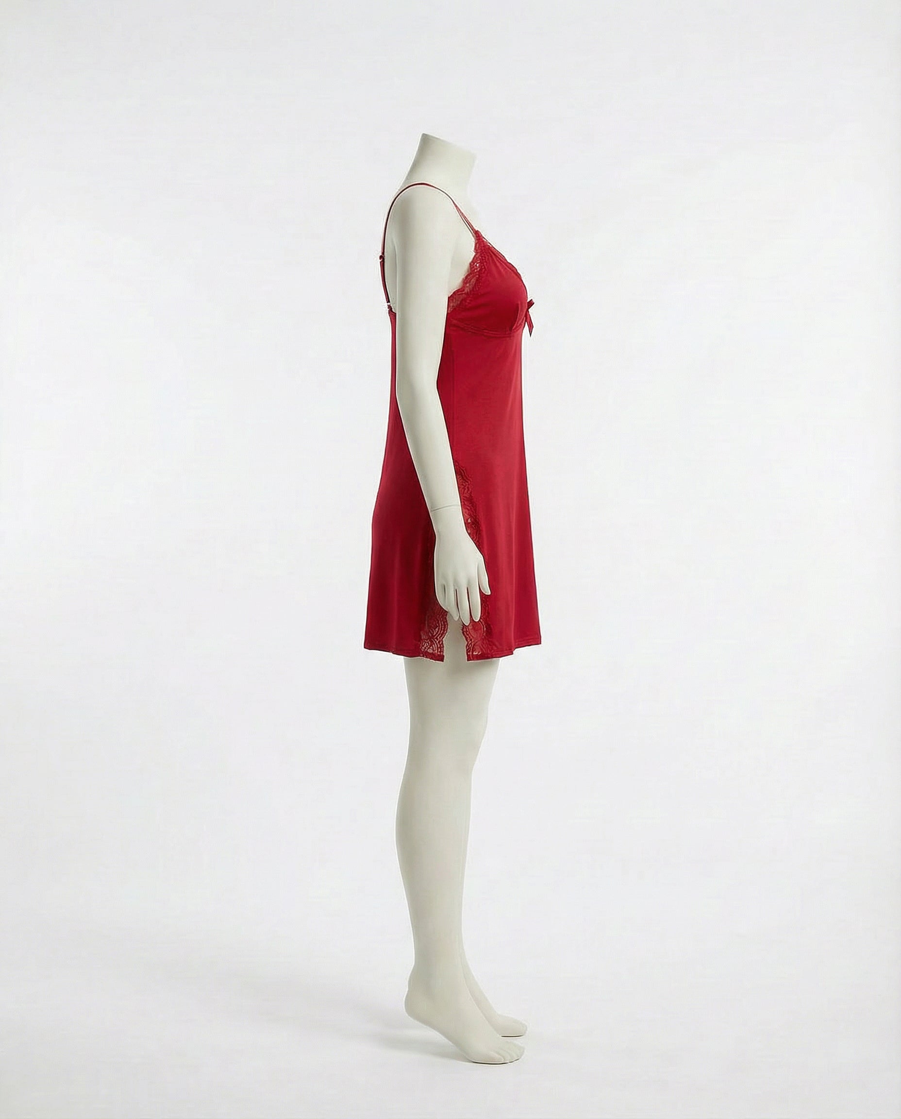 Red Lace Trim Chemise With High Side Slits - Marelia