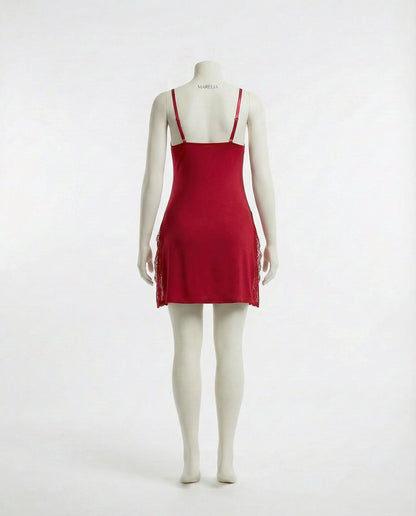 Red Lace Trim Chemise With High Side Slits - Marelia