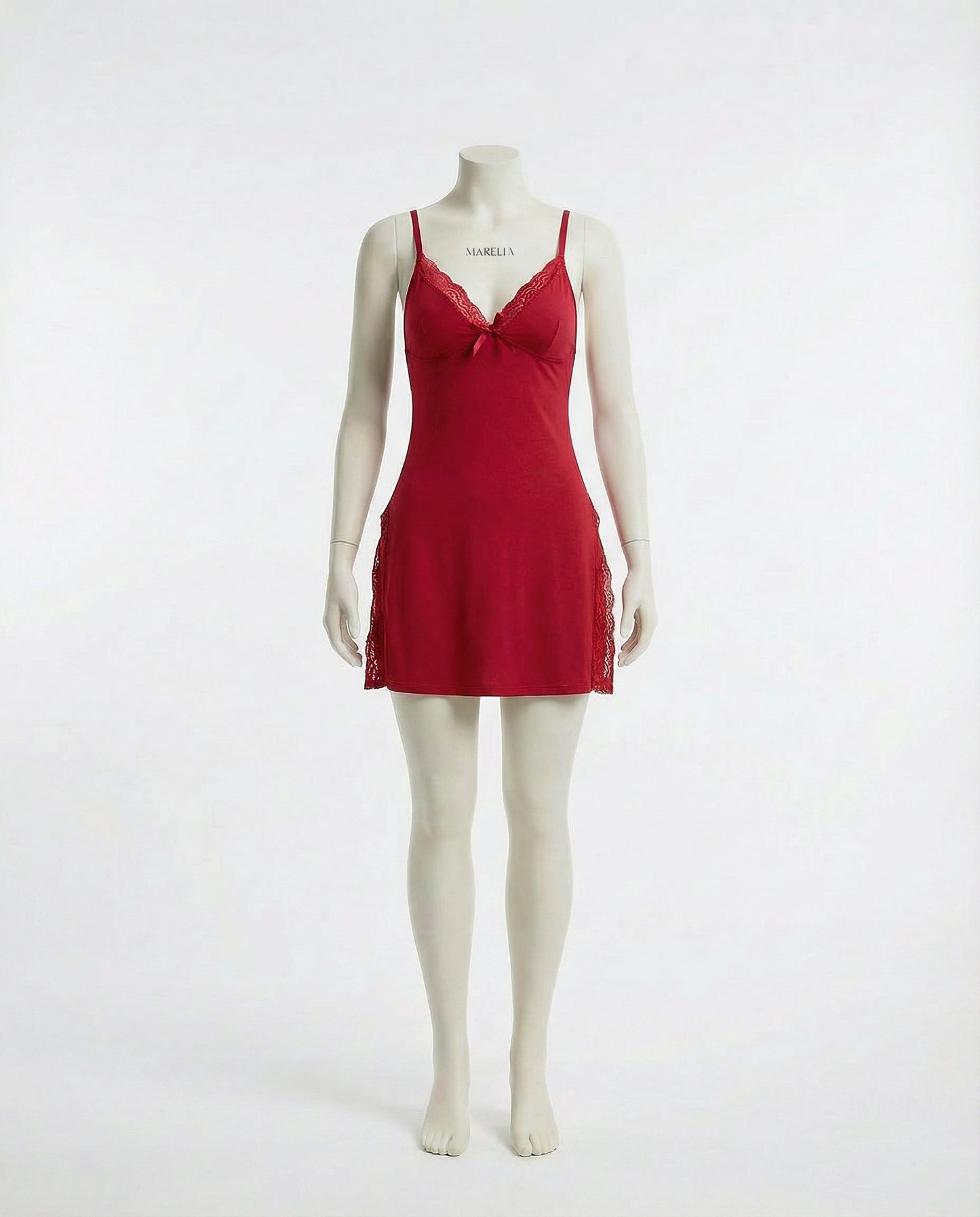 Red Lace Trim Chemise With High Side Slits - Marelia