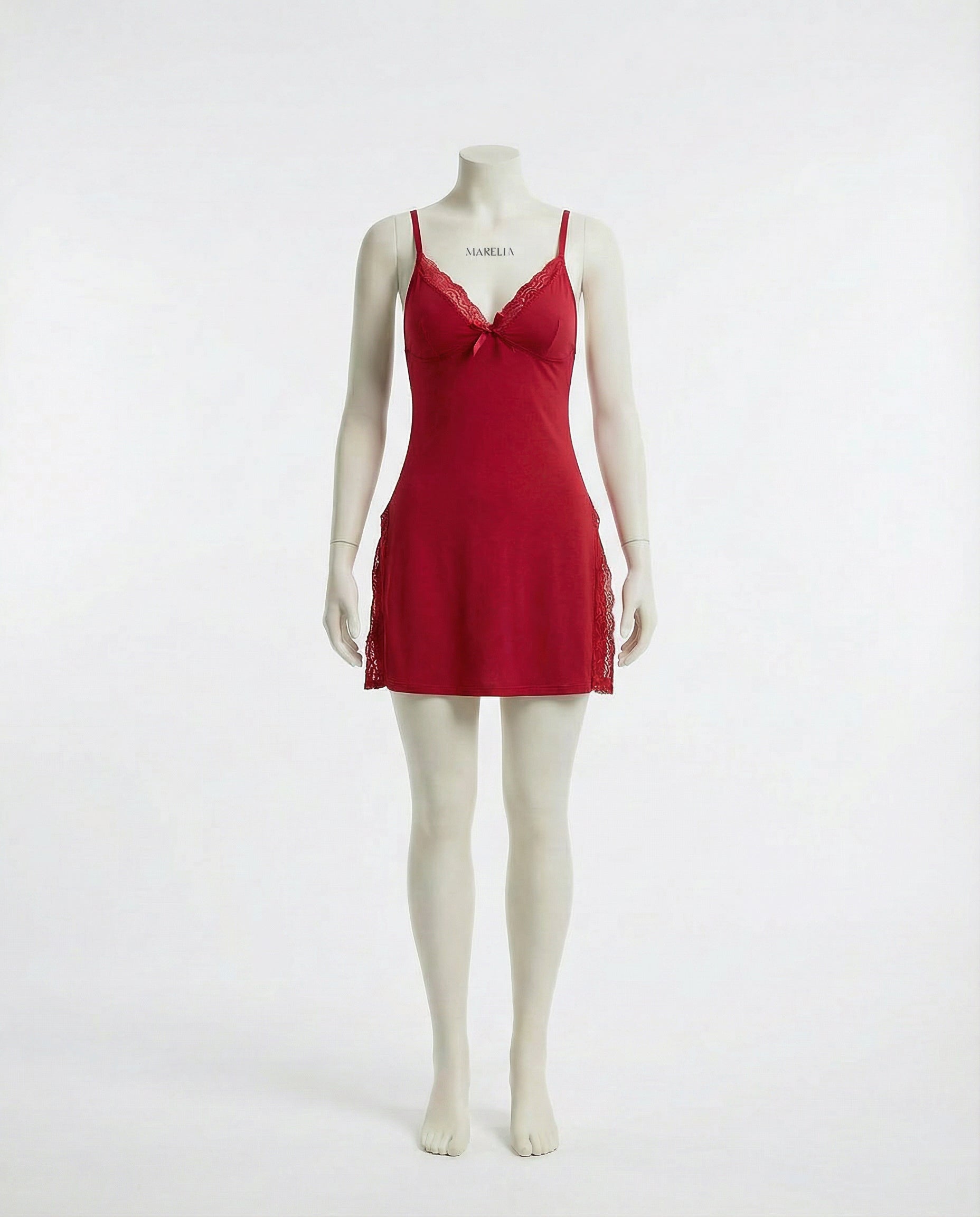 Red Lace Trim Chemise With High Side Slits - Marelia