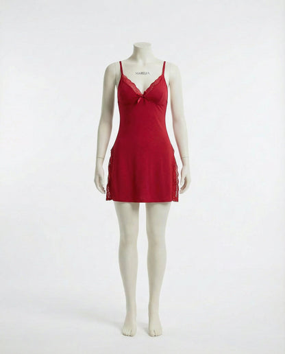 Red Lace Trim Chemise With High Side Slits - Marelia