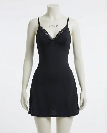 Black Lace Trim Chemise With High Side Slits - Marelia