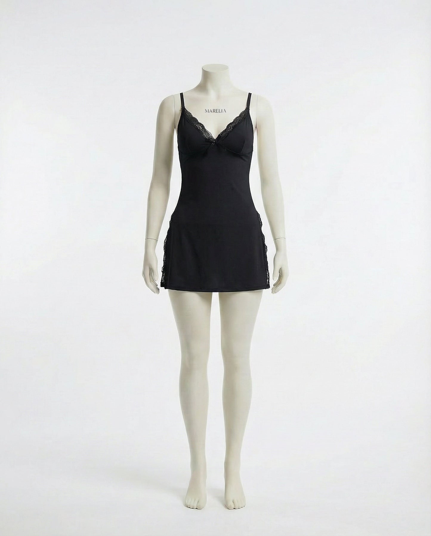 Black Lace Trim Chemise With High Side Slits - Marelia