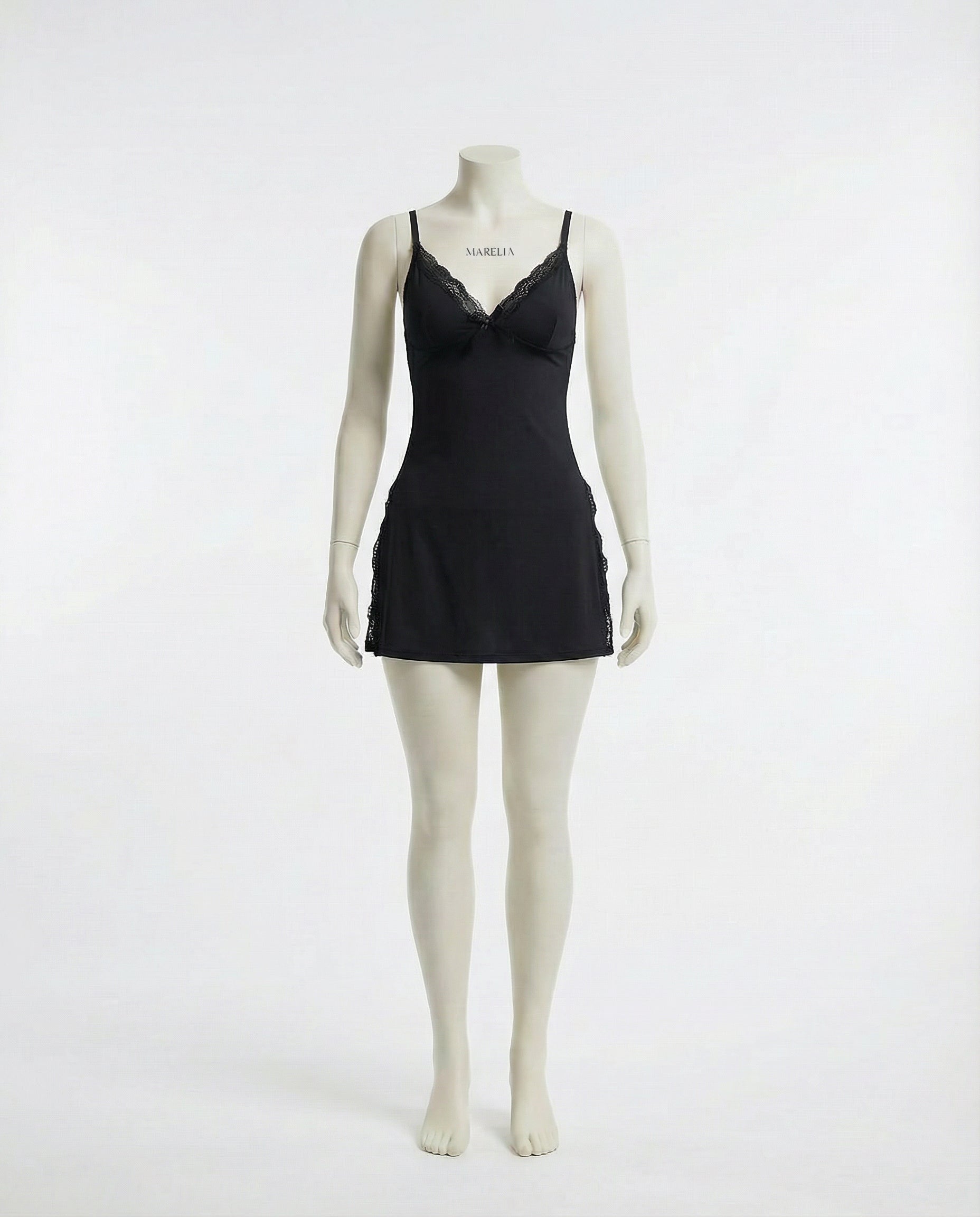 Black Lace Trim Chemise With High Side Slits - Marelia