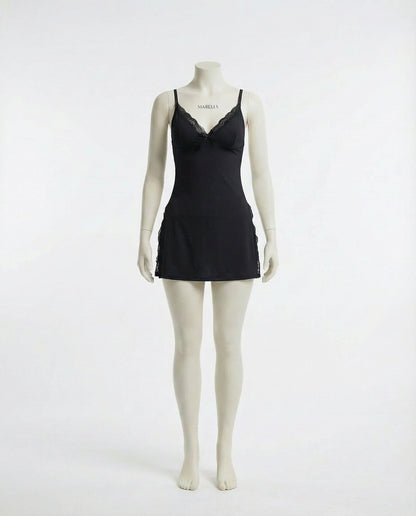 Black Lace Trim Chemise With High Side Slits - Marelia