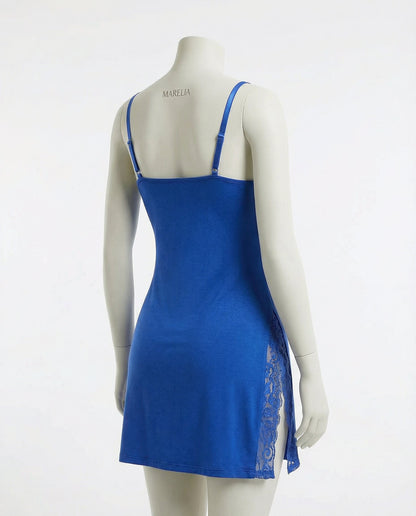 Blue Lace Trim Chemise With High Side Slits - Marelia