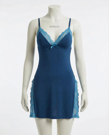 Blue Lace Trim Chemise With High Side Slits - Marelia
