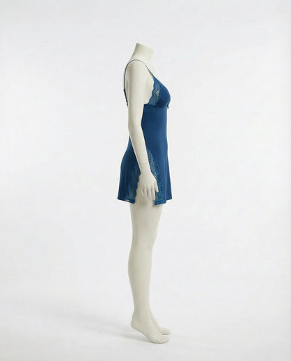 Navy Lace Trim Chemise With High Side Slits - Marelia