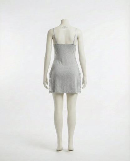 Grey Lace Trim Chemise With High Side Slits - Marelia
