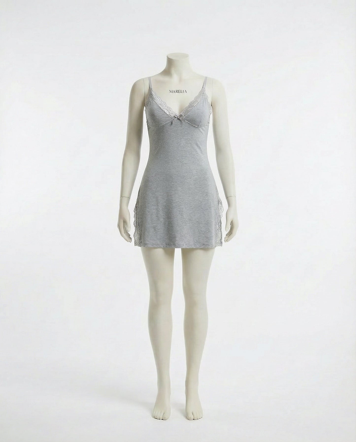 Grey Lace Trim Chemise With High Side Slits - Marelia