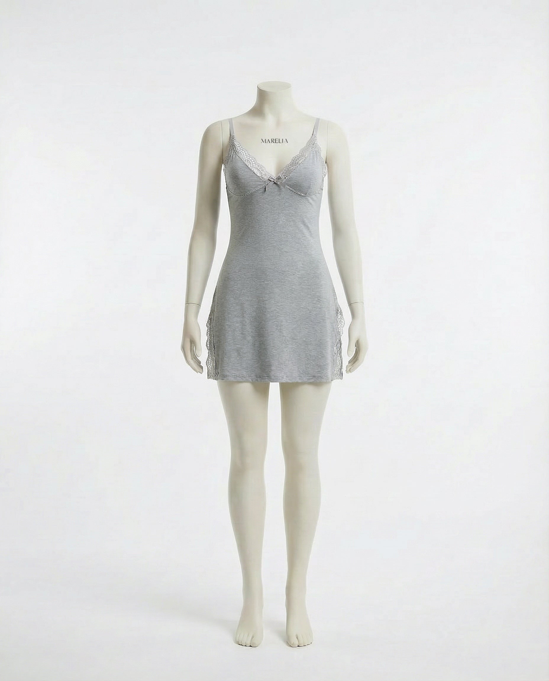 Grey Lace Trim Chemise With High Side Slits - Marelia