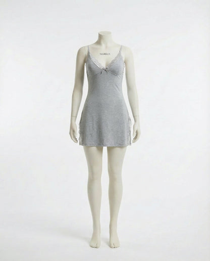 Grey Lace Trim Chemise With High Side Slits - Marelia