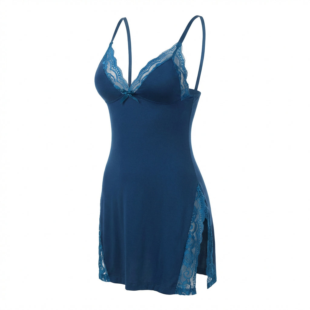 Navy Lace Trim Chemise With High Side Slits - Marelia