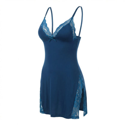 Navy Lace Trim Chemise With High Side Slits - Marelia
