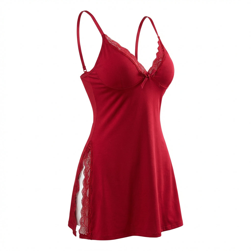 Red Lace Trim Chemise With High Side Slits - Marelia