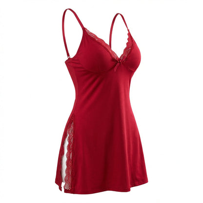 Red Lace Trim Chemise With High Side Slits - Marelia