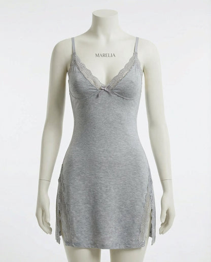 Grey Lace Trim Chemise With High Side Slits - Marelia