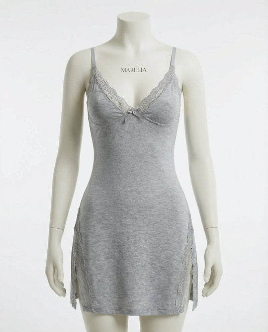 Grey Lace Trim Chemise With High Side Slits - Marelia